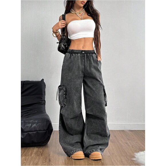 Trendy Women's Y2K Wide Leg Baggy Jeans with Drawstring & Pockets - Size L - Picture 5 of 5